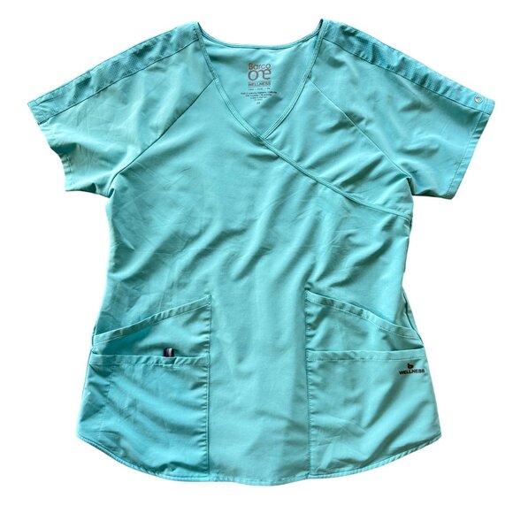 Barco One Wellness Womens Scrub Top Medium Aqua Blue Crossover V-Neck Short Slee - Picture 1 of 8